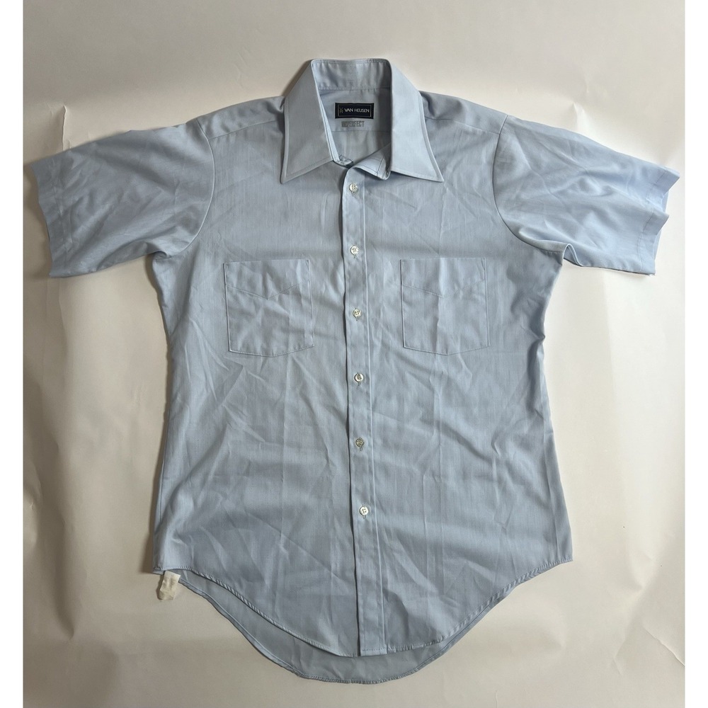 Van Heusen Mens Dress Shirt Solid Blue Short Sleeve Button Front Point 42